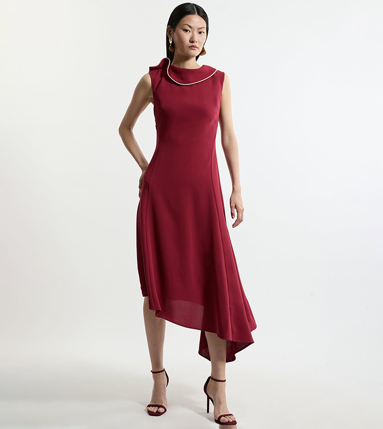 Tall Soft Tailored Tipped Fluid Asymmetric Hem Midi Dress