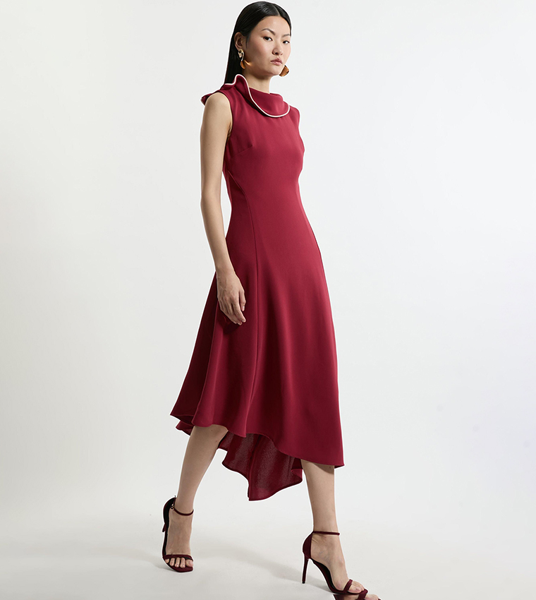 Tall Soft Tailored Tipped Fluid Asymmetric Hem Midi Dress