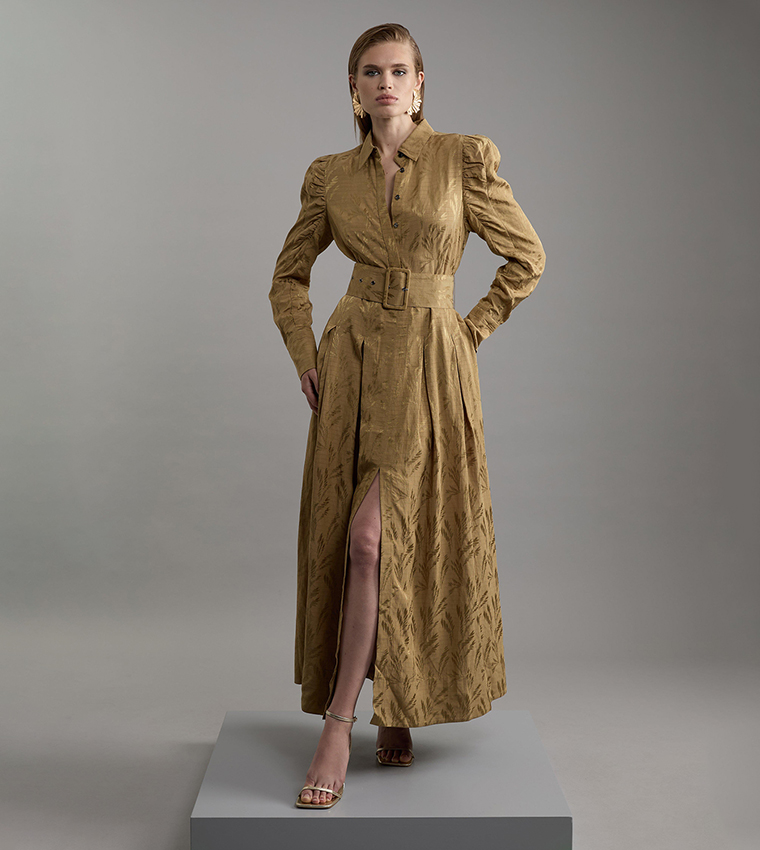 Buy Karen Millen Petite Jacquard Belted Shirt Maxi Dress In Brown 6thStreet Bahrain