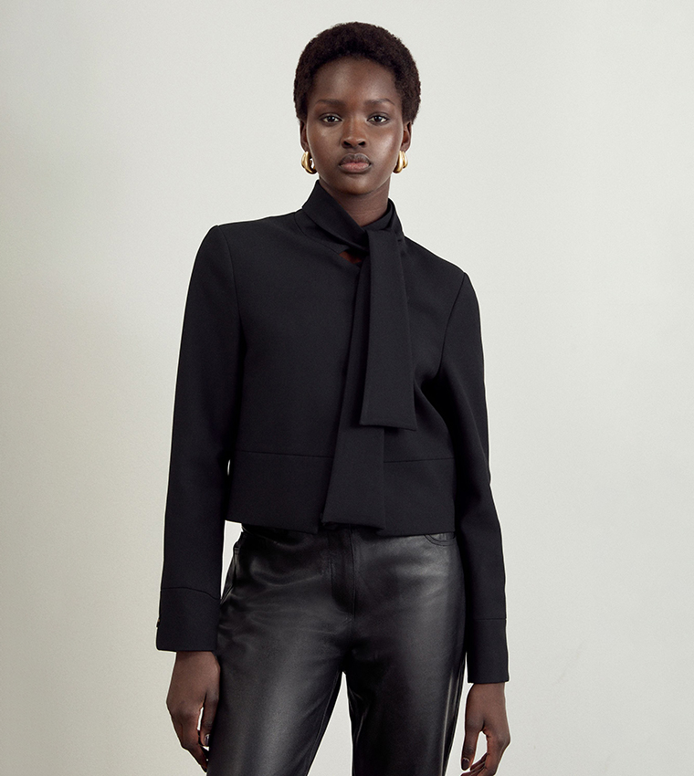 Stretch Cropped Tie Neck Tailored Crop Blazer