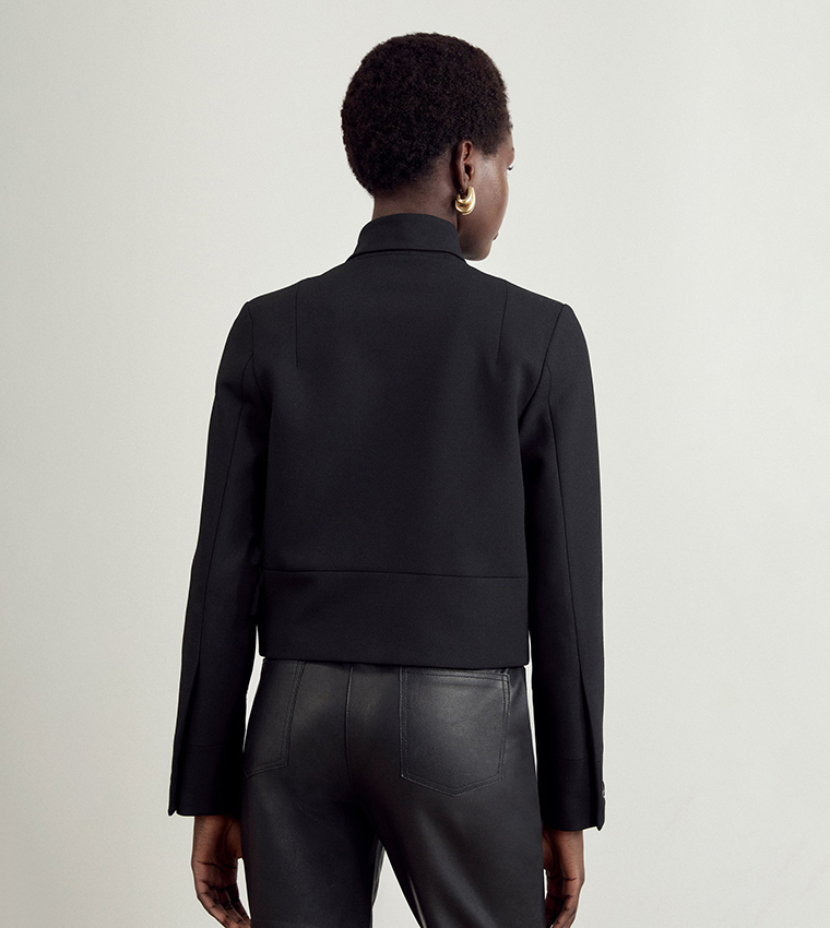 Stretch Cropped Tie Neck Tailored Crop Blazer