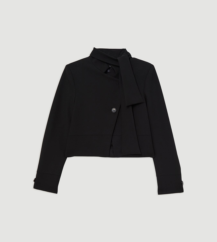 Stretch Cropped Tie Neck Tailored Crop Blazer