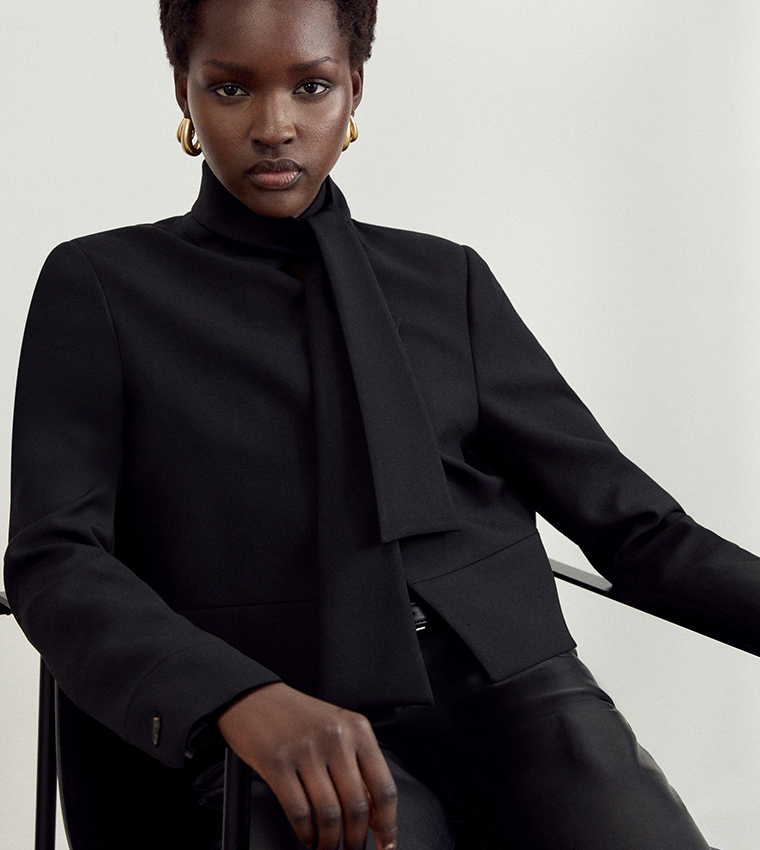 Stretch Cropped Tie Neck Tailored Crop Blazer