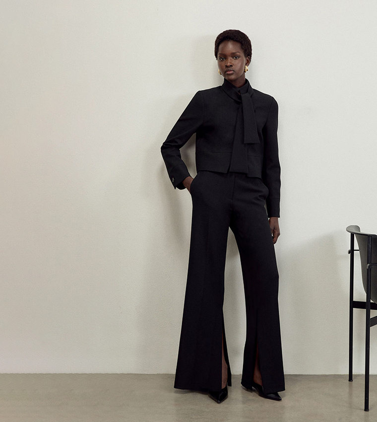 Stretch Cropped Tie Neck Tailored Crop Blazer