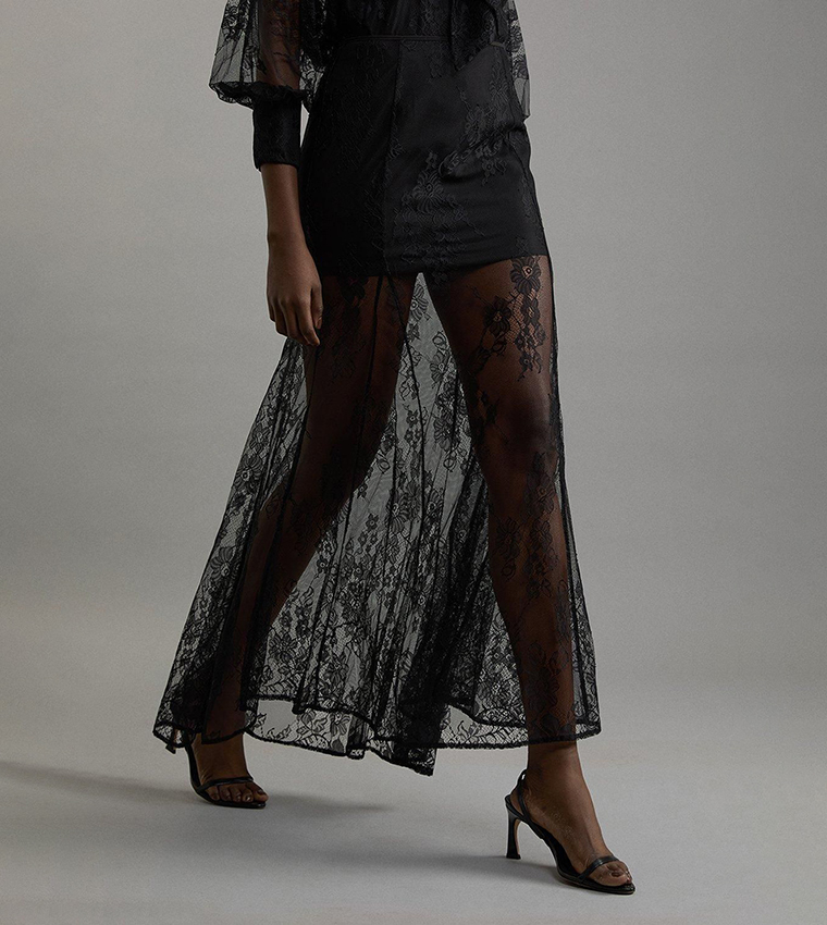 Sheer Lace Godet Woven Maxi Skirt