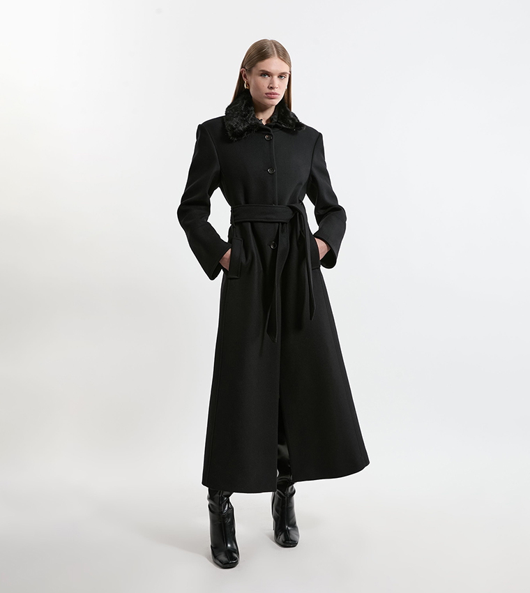 Wool Detachable Faux Fur Collar Belted Maxi Coat