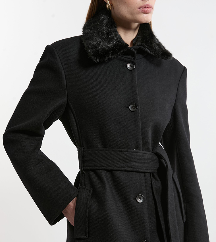 Wool Detachable Faux Fur Collar Belted Maxi Coat