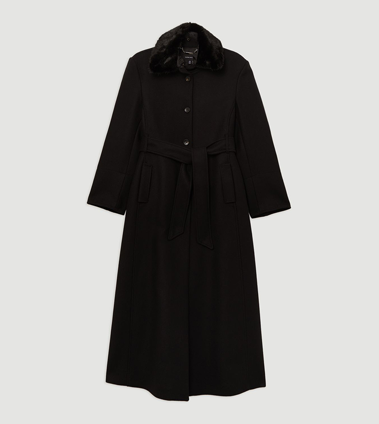 Wool Detachable Faux Fur Collar Belted Maxi Coat
