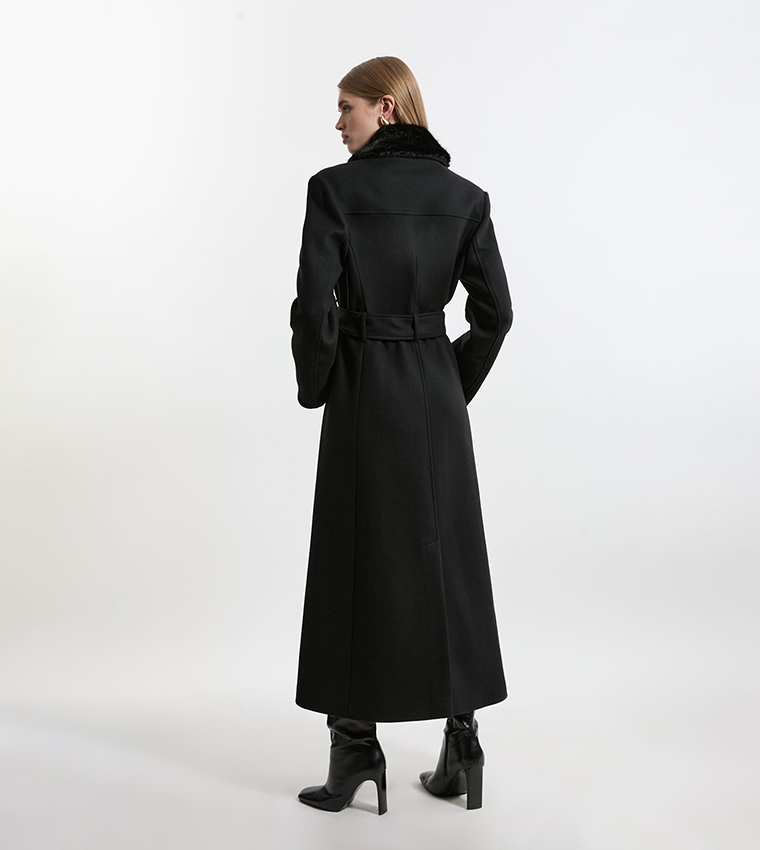 Wool Detachable Faux Fur Collar Belted Maxi Coat