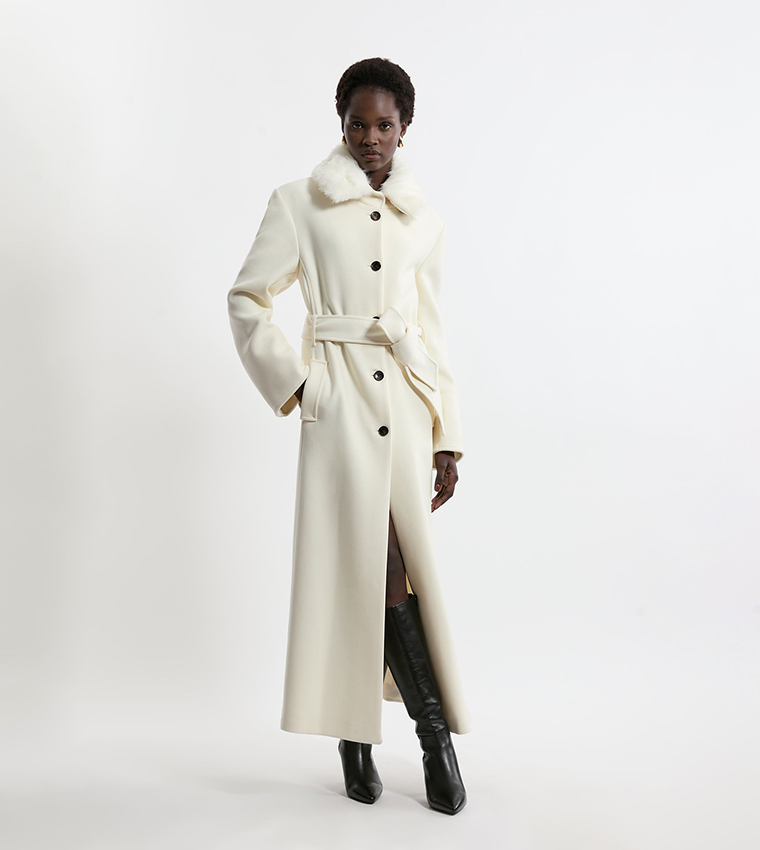 Buy Karen Millen Wool Detachable Faux Fur Collar Belted Maxi Coat