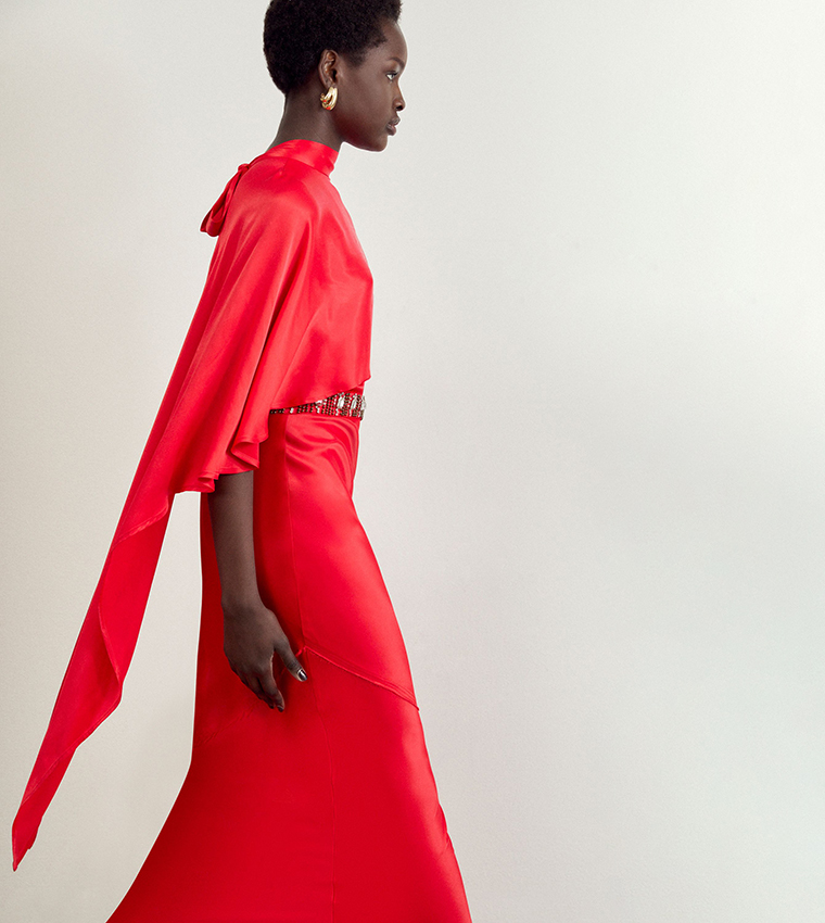 karen millen red cape dress Blush Soft Tailored Colour Block Cape Detail Full Skirted Maxi Dress