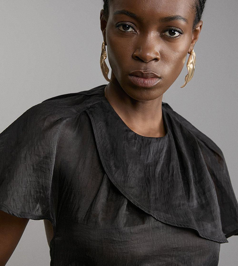 Slub Organdie Drape Shoulder Woven Top