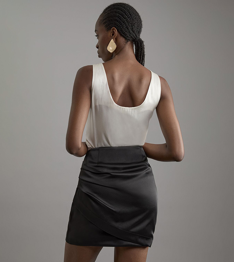Structured Viscose Satin Tailored Ruched Mini Skirt