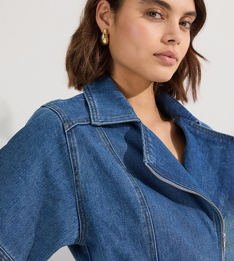 Pleated Hem Biker Denim Dress