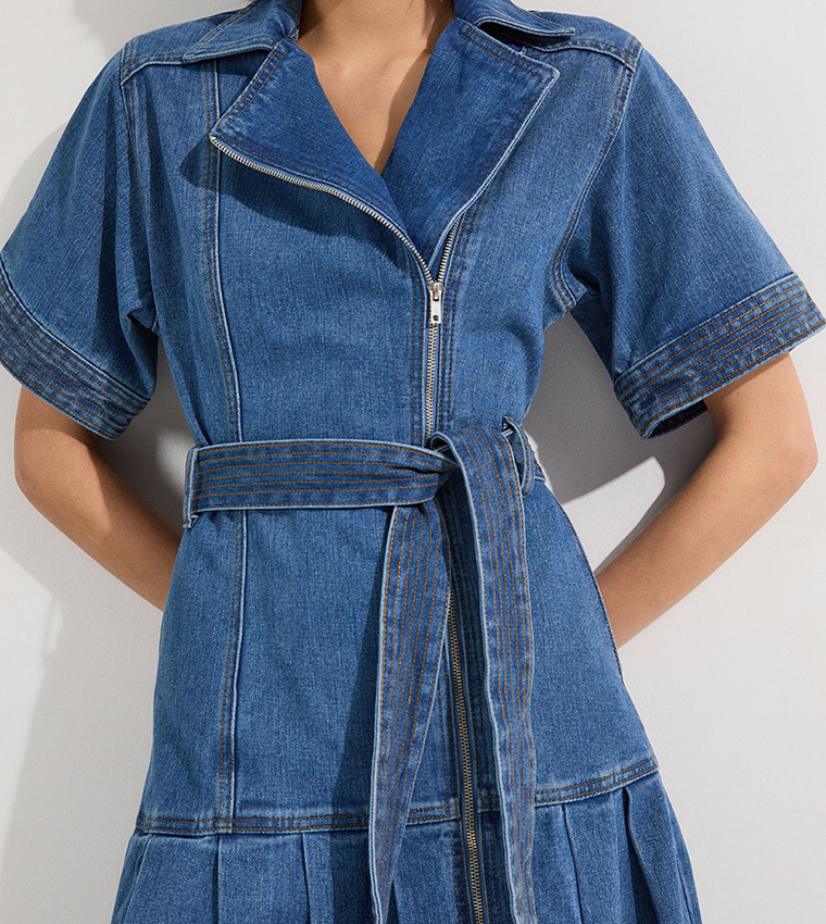 Pleated Hem Biker Denim Dress