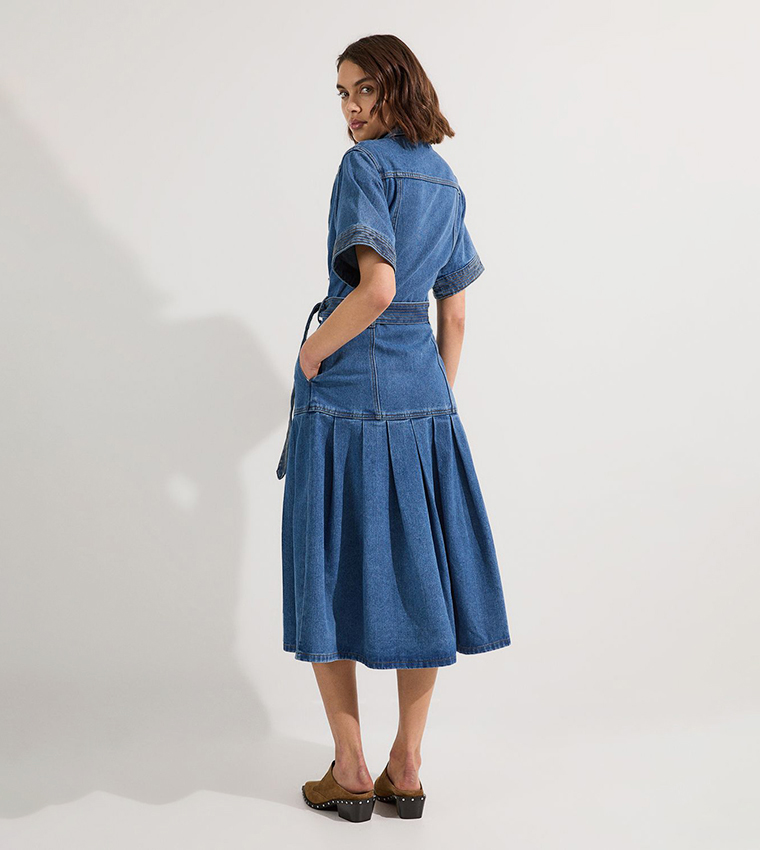 Pleated Hem Biker Denim Dress
