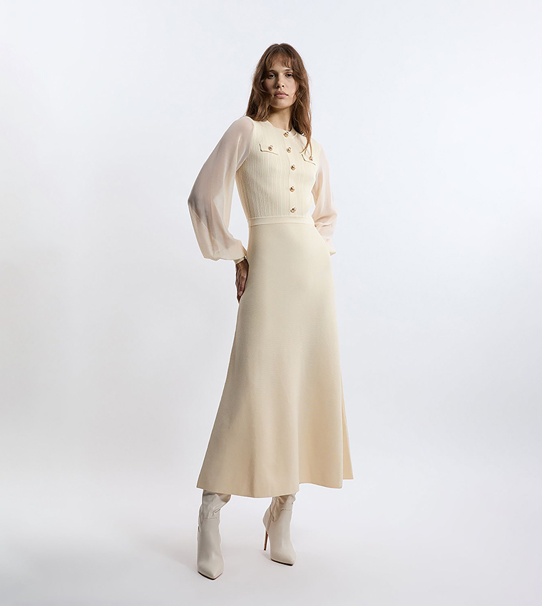 Viscose Blend Maxi Knit Dress With Chiffon Sleeves Military Trim
