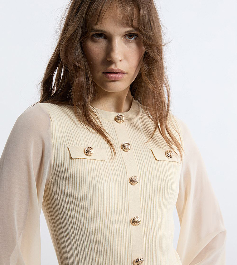 Viscose Blend Maxi Knit Dress With Chiffon Sleeves Military Trim