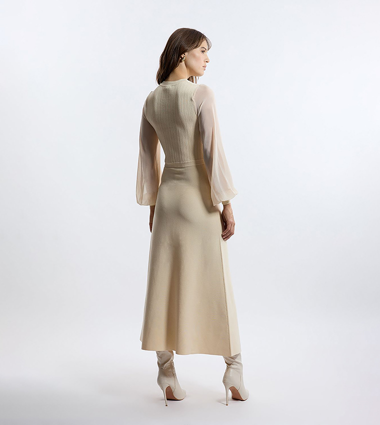 Viscose Blend Maxi Knit Dress With Chiffon Sleeves Military Trim
