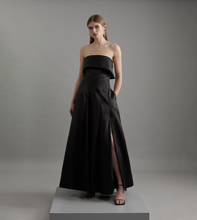 Structured Satin Bandeau Prom Tailored Maxi Dress