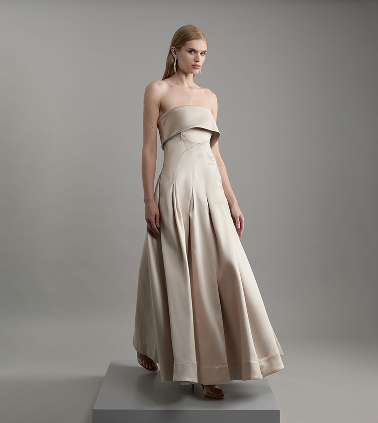 Structured Satin Bandeau Prom Tailored Maxi Dress