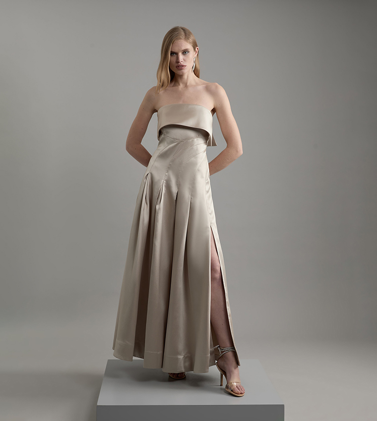 Structured Satin Bandeau Prom Tailored Maxi Dress