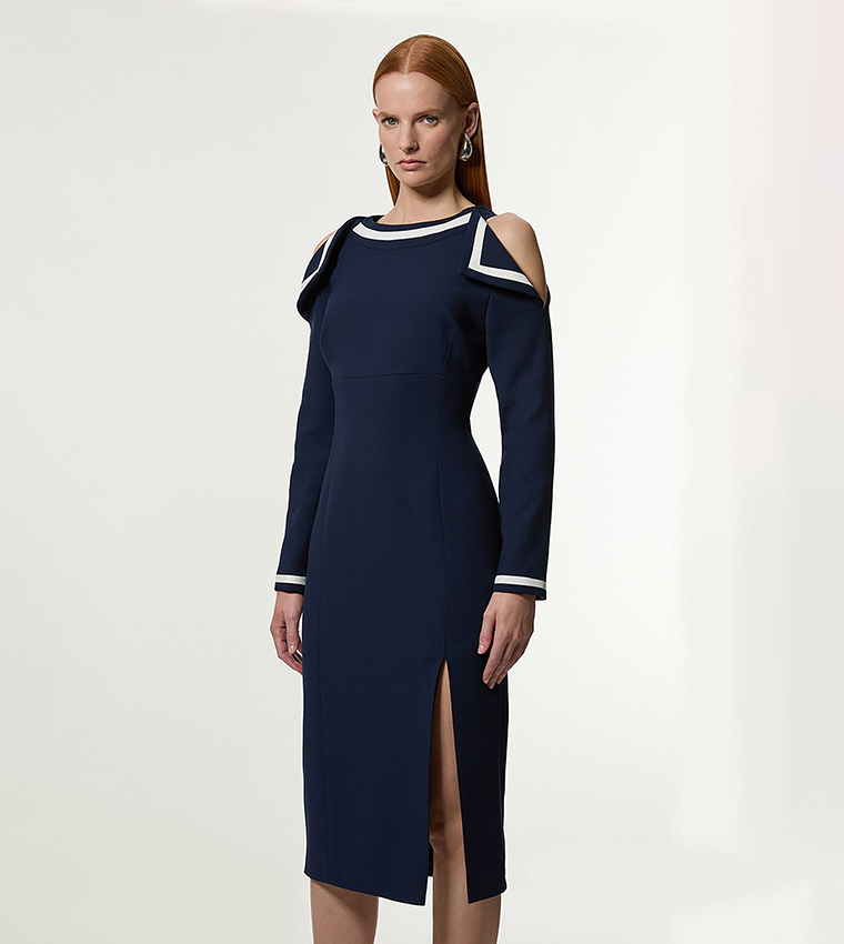 Petite Contrast Tipped Bardot Tailored Midi Dress
