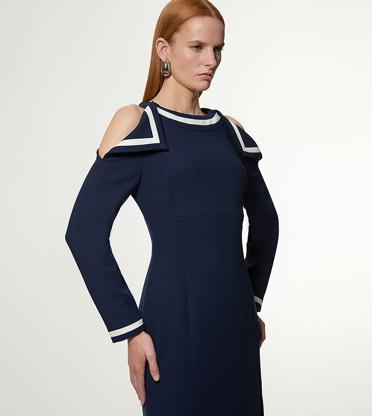 Petite Contrast Tipped Bardot Tailored Midi Dress