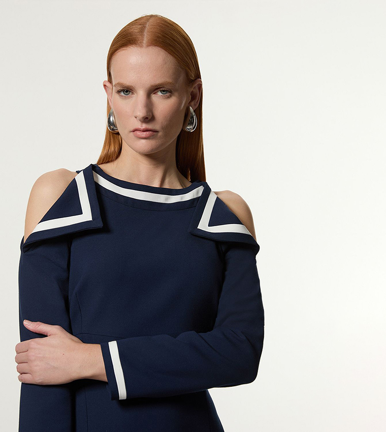 Petite Contrast Tipped Bardot Tailored Midi Dress