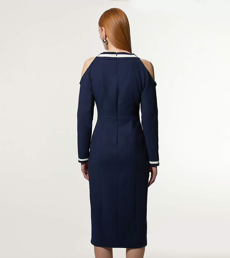 Petite Contrast Tipped Bardot Tailored Midi Dress