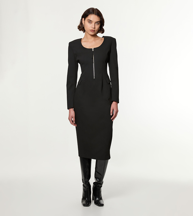Tailored Viscose Zip Through Multi Stitch Midi Dress