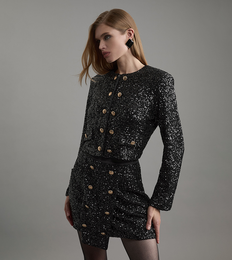 Sequins Tailored Wrap Over Mini Skirt