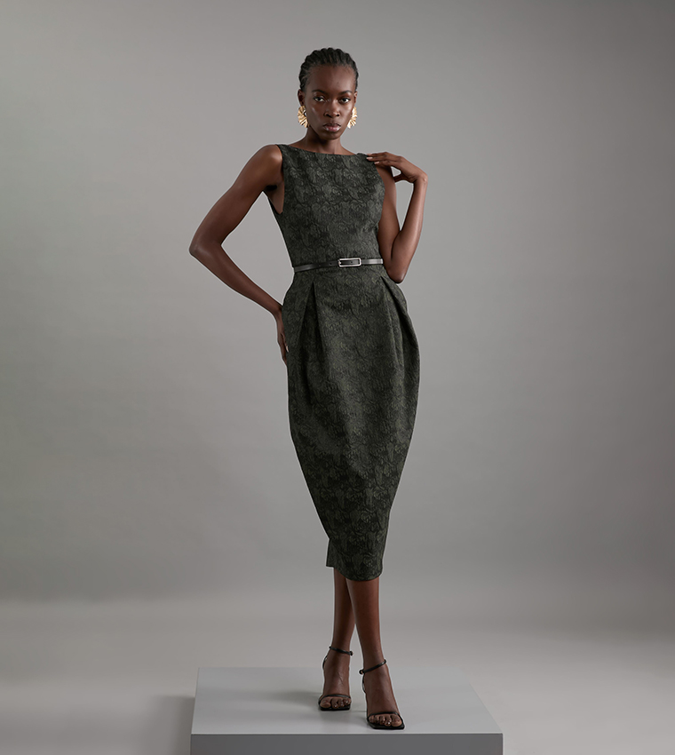 karen millen green pencil dress Karen Millen Polished Linen Blend Asymmetric Fold Detail Tailored Midi Pencil Dress in Mint