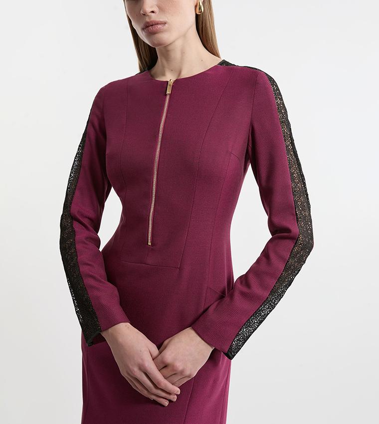 Tailored Twill Lace Mix Zip Front Midi Dress