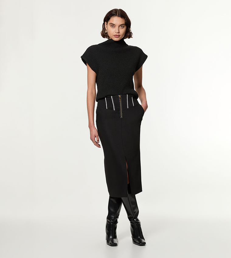 Tailored Contrast Tipped Stitch Detail Midi Skirt