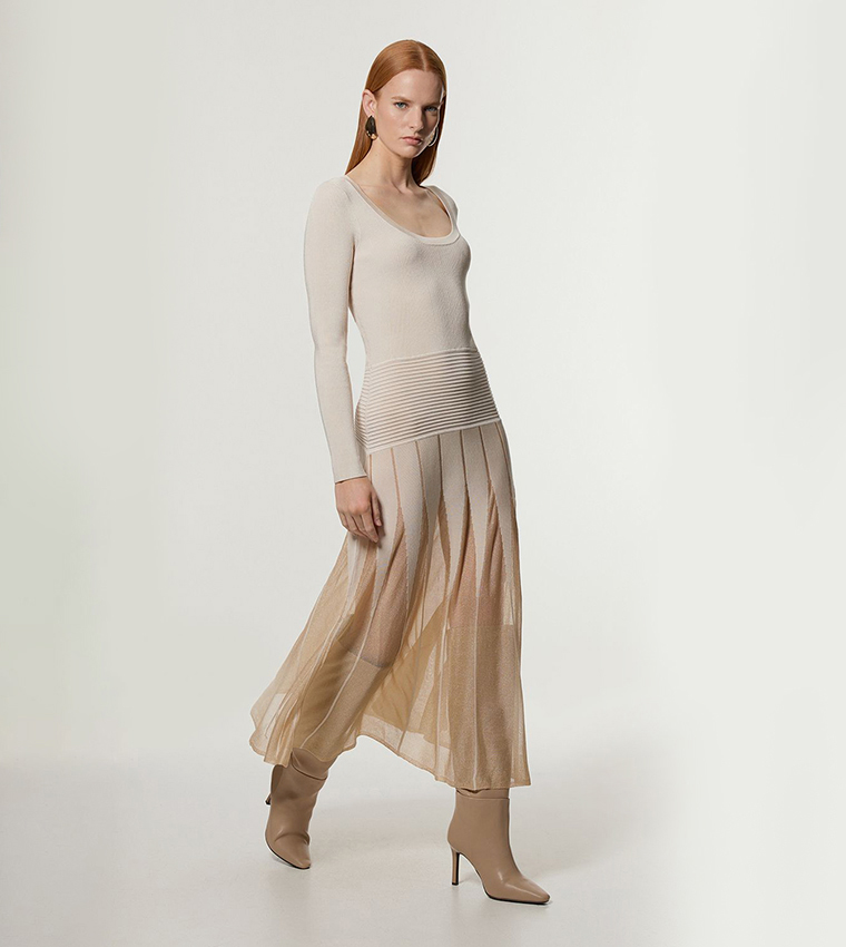 Slinky Knit Scooped Neck Sheer Detail Maxi Dress