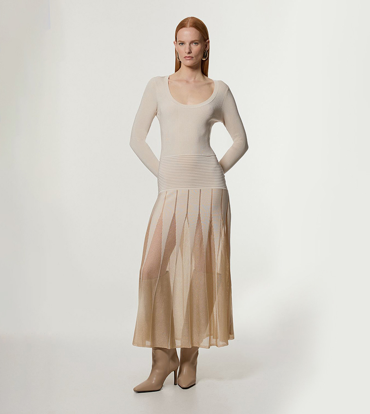 Slinky Knit Scooped Neck Sheer Detail Maxi Dress