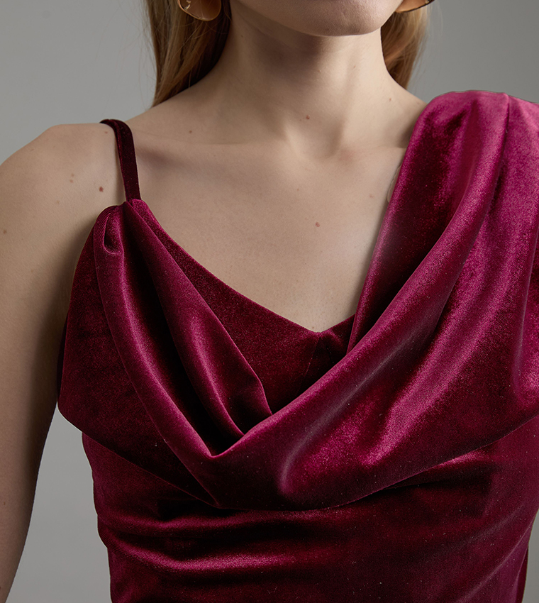 Petite Velvet Asymmetric One Shoulder Maxi Dress