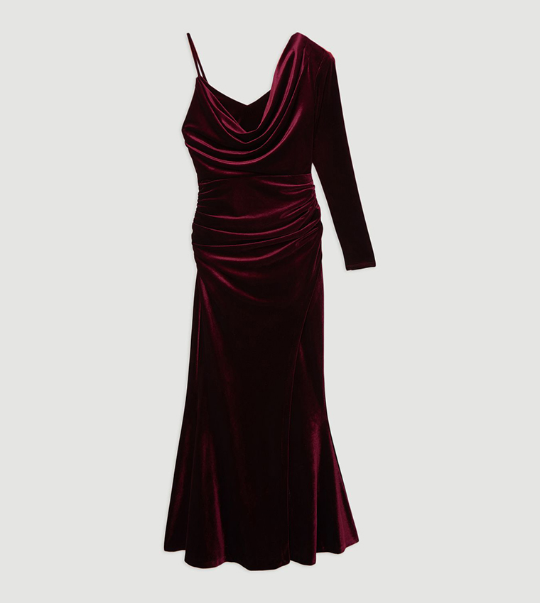 Petite Velvet Asymmetric One Shoulder Maxi Dress