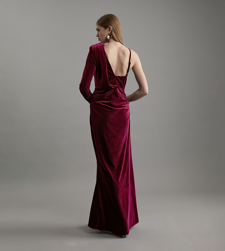 Petite Velvet Asymmetric One Shoulder Maxi Dress