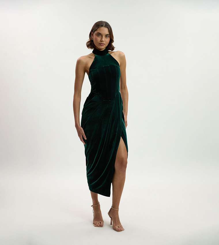 Tailored Velvet Halter Neck Midi Dress