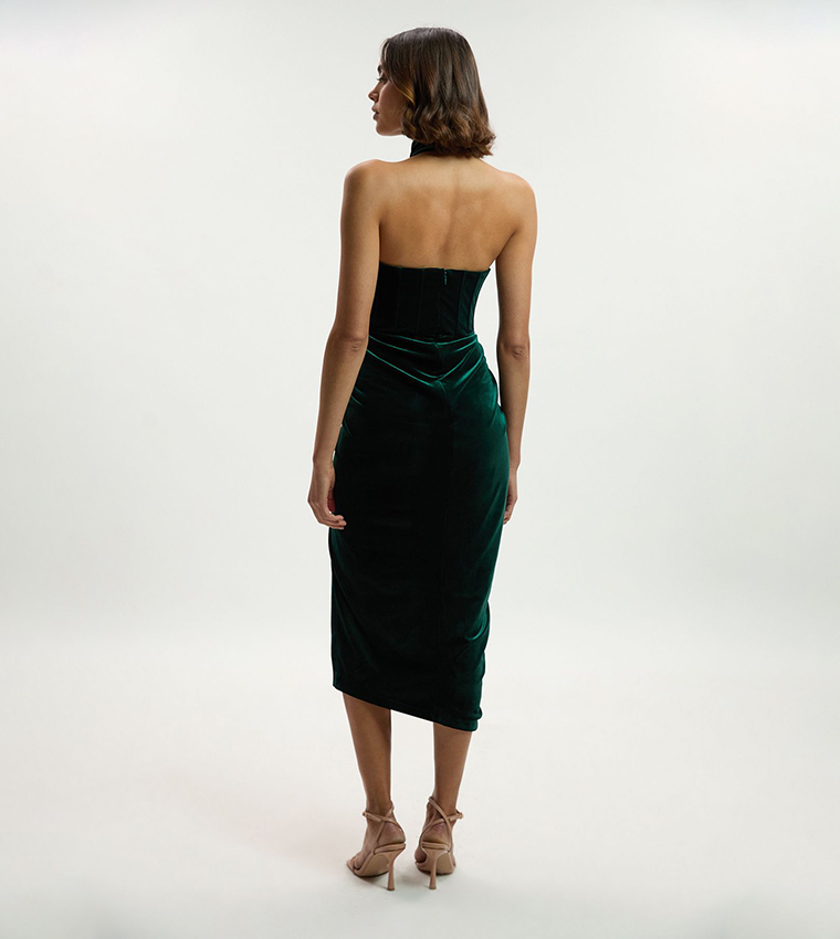 Tailored Velvet Halter Neck Midi Dress