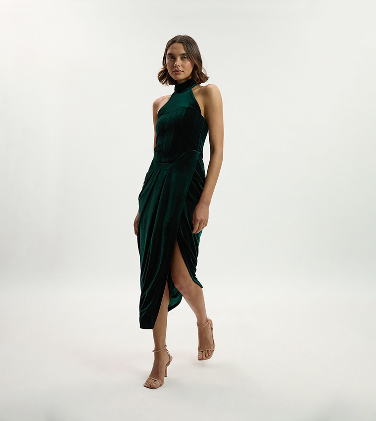 Tailored Velvet Halter Neck Midi Dress