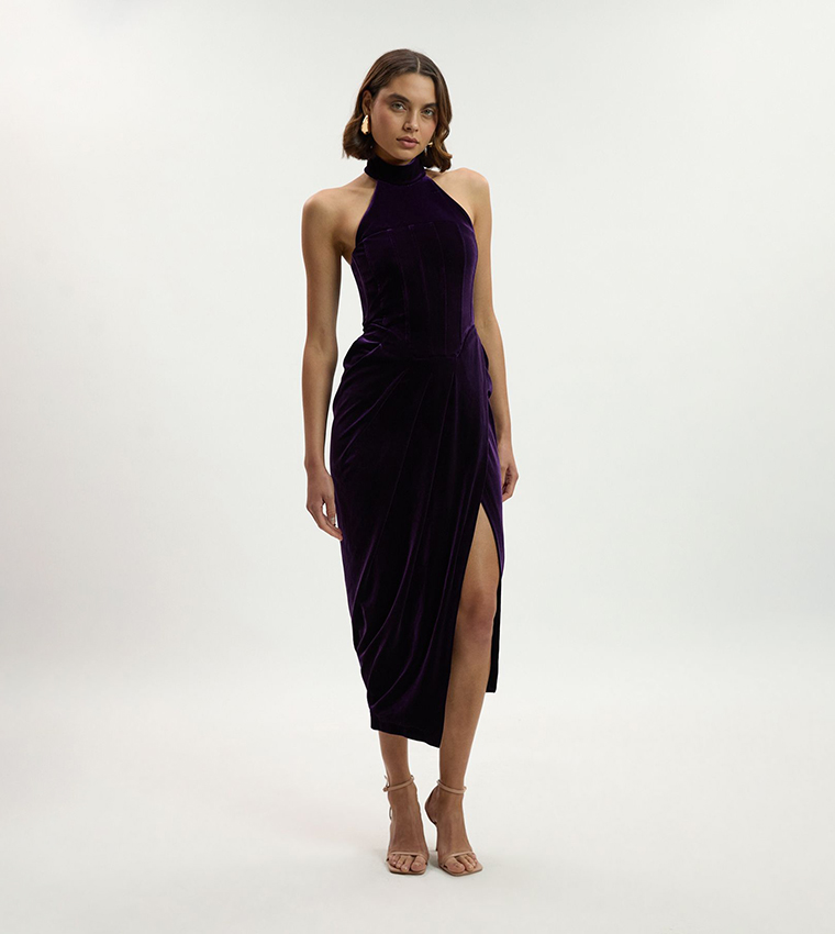 Tailored Velvet Halter Neck Midi Dress
