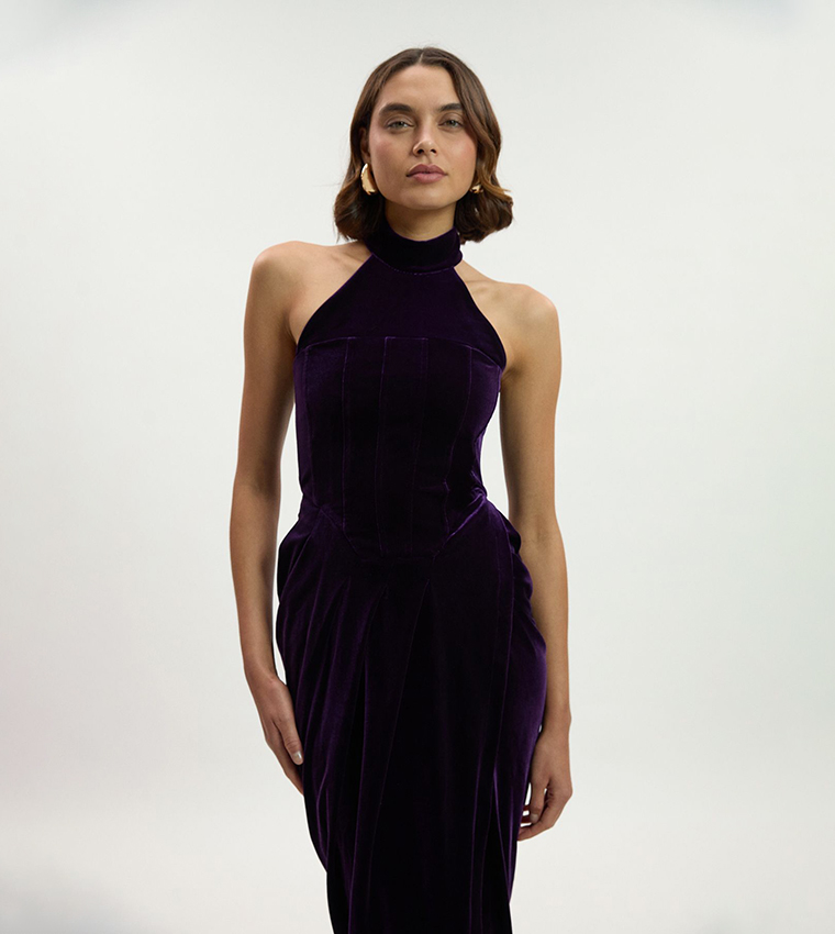Tailored Velvet Halter Neck Midi Dress