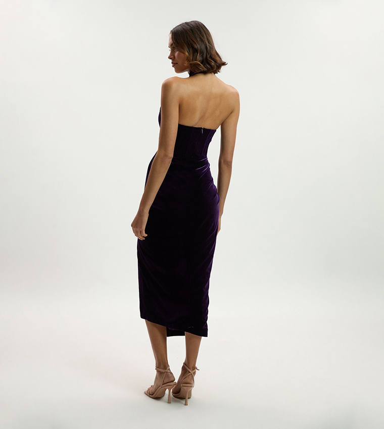 Tailored Velvet Halter Neck Midi Dress