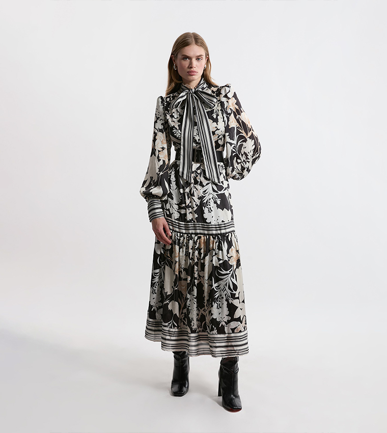 Floral Printed Pleated Tie Neck Woven Midaxi Dress