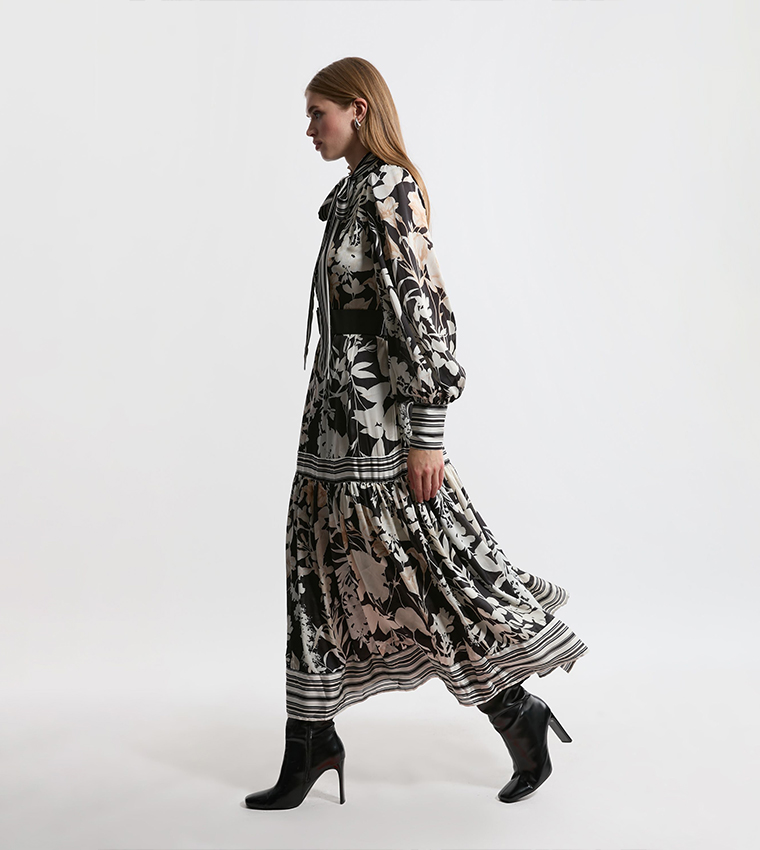 Floral Printed Pleated Tie Neck Woven Midaxi Dress