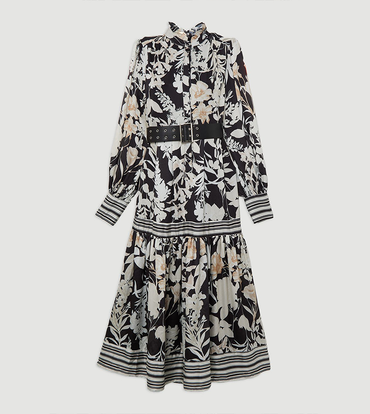 Floral Printed Pleated Tie Neck Woven Midaxi Dress
