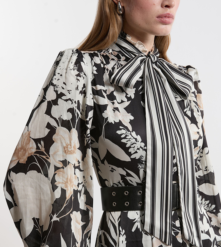 Floral Printed Pleated Tie Neck Woven Midaxi Dress